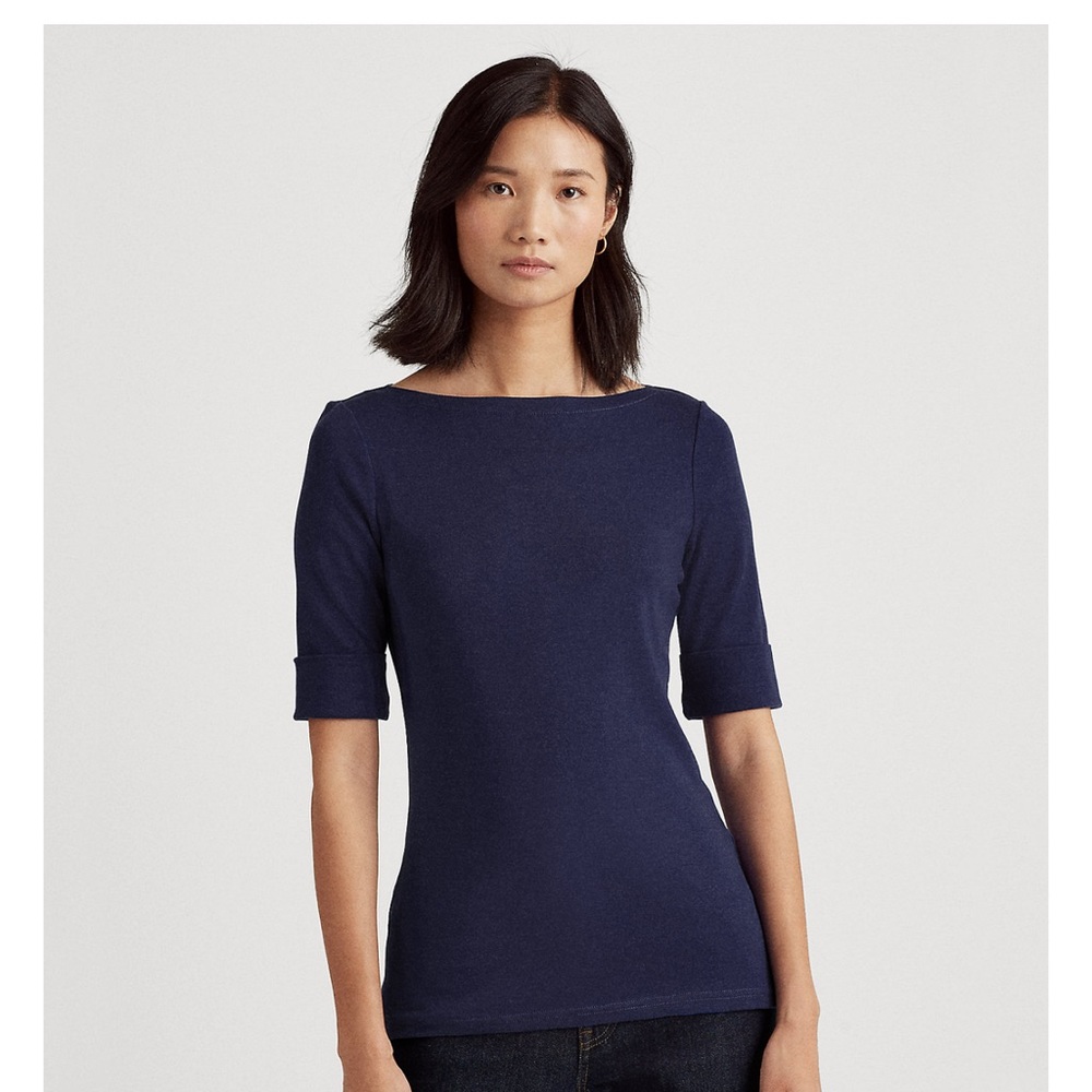 Womens Lauren Ralph Lauren boat neck short sleeve shirt in navy